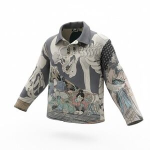 Rebel Vengeance Men Woven Tapestry Shacket Skeleton Samurai Japanese Art L NEW